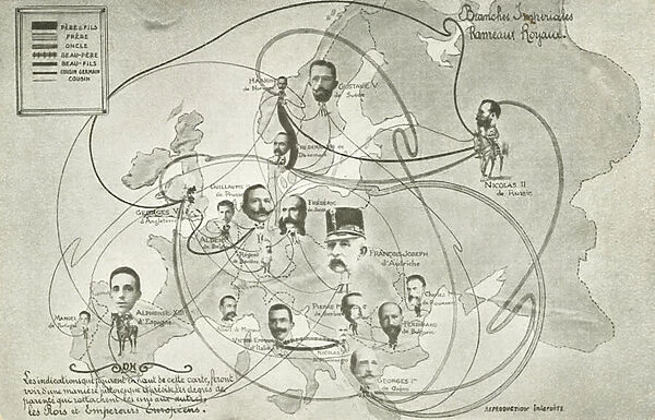 Family connections between European monarchs (litho)