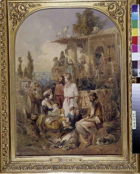 Family life in Berditchev in Ukraine Watercolour by Felix Ziem (1821-1911), 1844. Mandatory mention: Collection fondation regards de Provence, Marseille