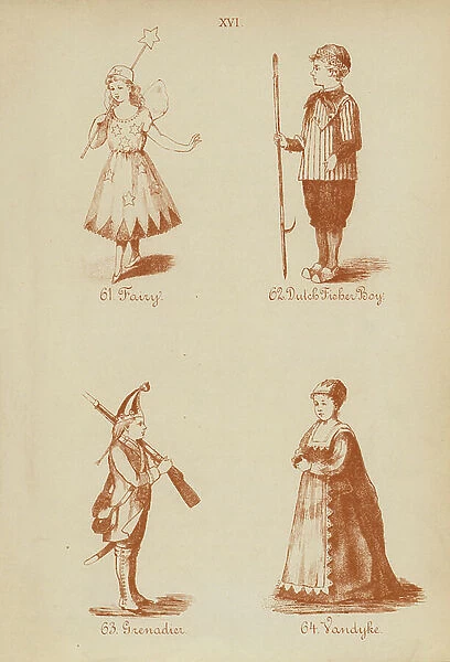 Fancy dress outfits: Fairy, Dutch Fisher Boy, Grenadier, Vandyke (litho)