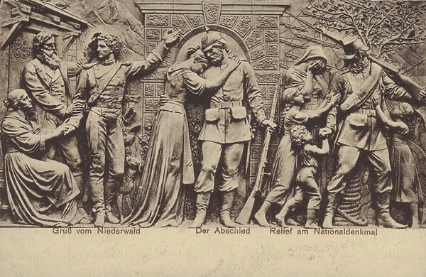 The farewell, relief on the Nationaldenkmal, monument commemorating the unification of Germany, Rudesheim am Rhein, Hesse (b  /  w photo)