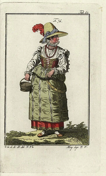 Farm girl from the region near Venice, 16th century. Handcolored copperplate engraving from Robert von Spalart's ' Historical Picture of the Costumes of the Principal People of Antiquity and of the Middle Ages, ' Vienna, 1811