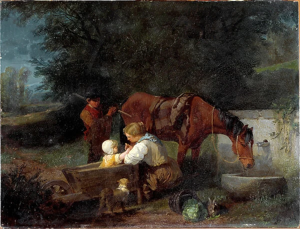 A farmer with her child, a farm boy and a horse Painting by Angelo Beccaria (1820-1897)