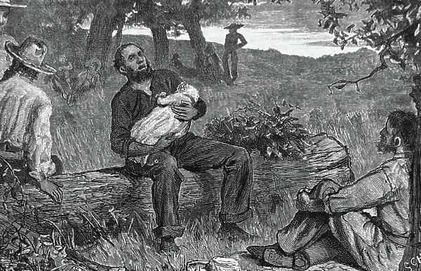 A farmer nursing an infant child whilst on break (engraving)