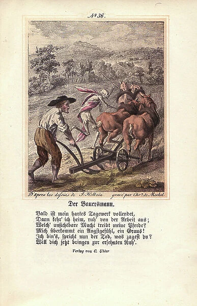 The farmer. The peasant is assisted by Death, who directs the horses of his plow. Hand-coloured engraving by Christian Von Mechel (or Chretien de Mechel)