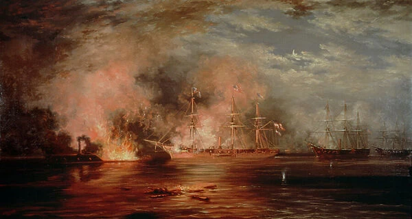 Farragut Passing the Forts below New Orleans, 1862 (oil on canvas) (re CH204254)