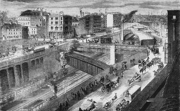 Farringdon Road and the Metropolitan Railway looking north, 1868 (engraving)