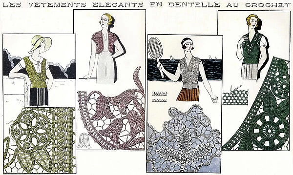 Fashion feminine francaise, 1932: lace clothing. In 'Le petit echo de la mode', 1932