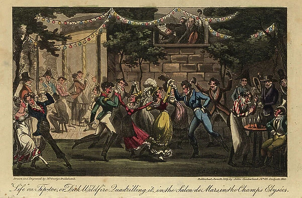 Fashionable dandies and ladies dancing a quadrille in a park. Life on Tip-toe, or Dick Wildfire Quadrilling it in the Salon de Mars in the Champs Elysees