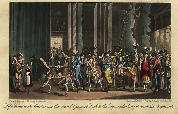 Fashionable dandies meeting singers and actors on stage. Life behind the Curtain at the Grand Opera, or Dick and the Squire larking it with the Figures