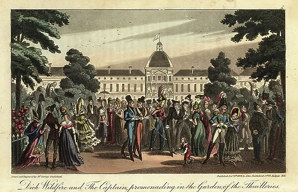 Fashionable dandies, soldiers and ladies strolling in the Tuileries Garden. Dick Wildfire and the Captain promenading in the Garden of the Thuilleries. Handcoloured copperplate engraving by George Cruikshank from David Carey's Life in Paris