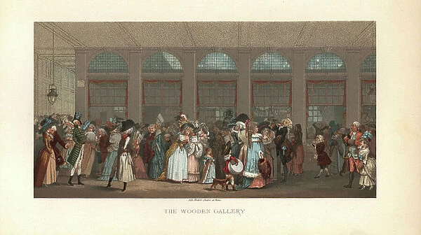 Fashionable people shopping in the Galleries de Bois, Wooden Gallery, (now the Palais Royal), Paris. Chromolithograph from Paul Lacroix The Eighteenth Century: Its Institutions, Customs, and Costumes, London, 1876