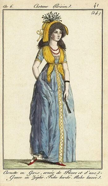 Fashionable woman in a gauze cornette, Tivoli Gardens, 1798 (handcoloured copperplate engraving)