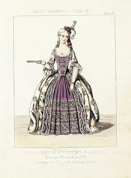 Fashionable woman's costume, reign of King George III / Louis XVI, 1780. Handcoloured lithograph from Thomas Hailes Lacy's ' Female Costumes Historical, National and Dramatic in 200 Plates, ' London, 1865