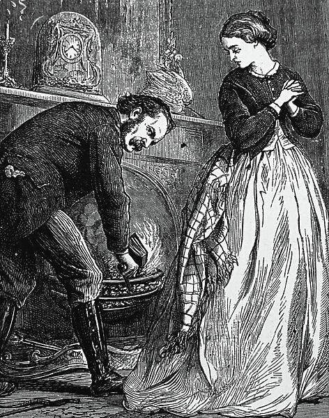 A father burning a book which his daughter borrowed from someone he dislikes, 1850