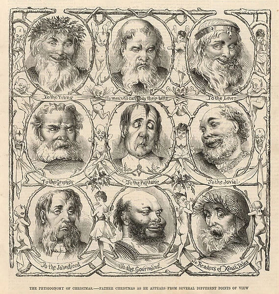 Father Christmas as he appears from several different points of view (engraving)
