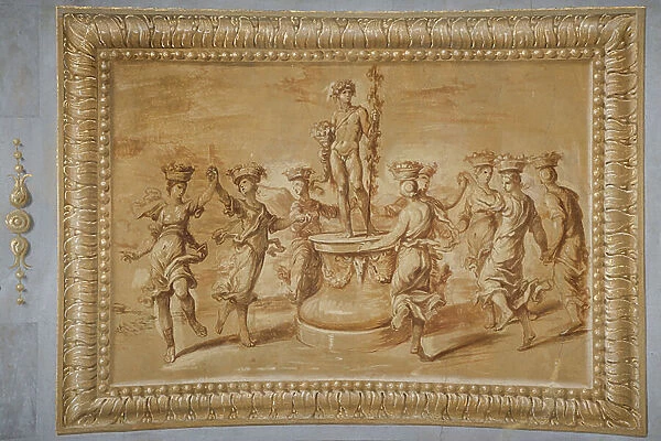 Faux gilded relief, with Bacchus placed on a circular pedestal decorated with festoons and bucrania, and surrounded by dancing canephors, 1650-52 (wall tempera painting)
