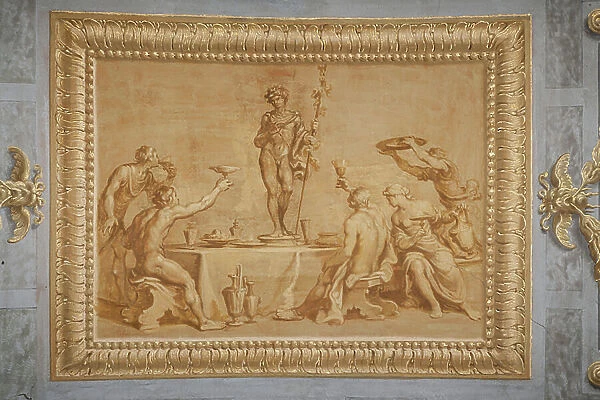 Faux gilded relief, with the statue of Bacchus surrounded by some offerers raising cups of wine, 1650 - 52 (wall tempera painting)