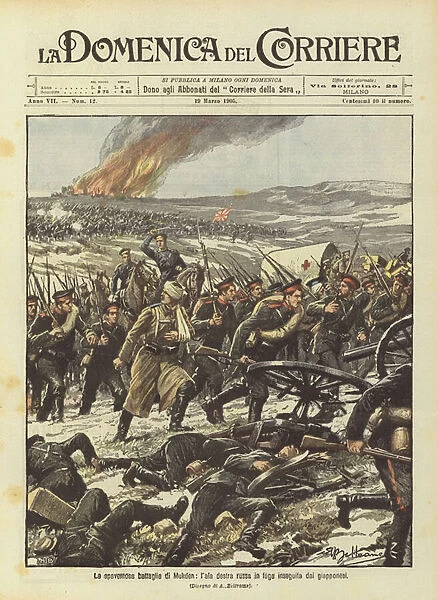 The fearful battle of Mukden, the runaway Russian right wing pursued by the Japanese (colour litho)