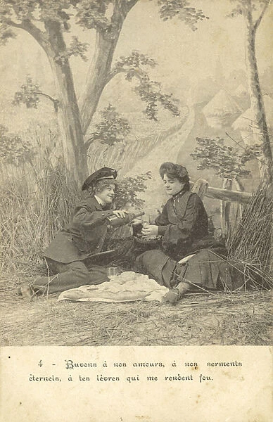 Female lovers in the country (b  /  w photo)