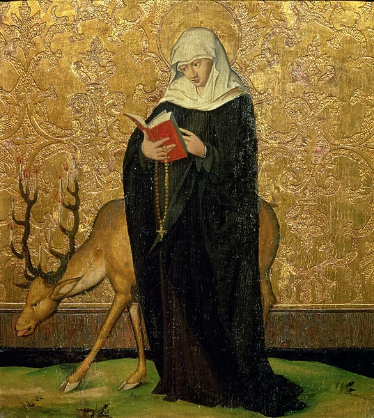 Female Saint with a Stag (oil on panel)