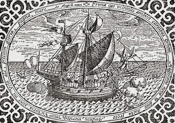 Ferdinand Magellan's ship The Nao Victoria, which took part in the expedition in 1519 to circumnavigate the earth. From The Romance of the Merchant Ship, published 1931
