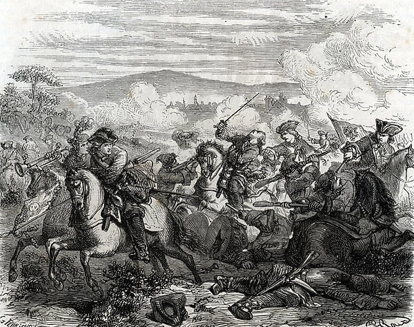 Ferdinand de Marsin mortally wounded at the Battle of Turin 1706 (engraving)