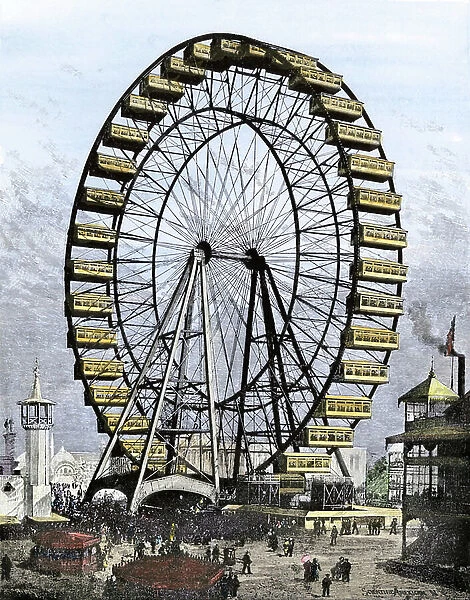 Ferris Wheel at the Colombian exhibition in Chicago, 1893. 19th century colour engraving
