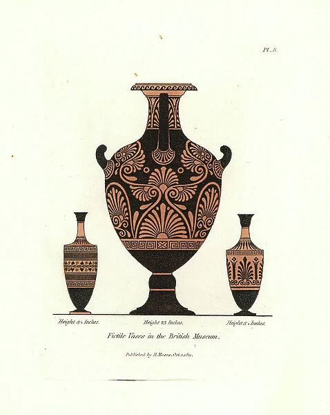Fictile vases in the British Museum. Vases in red clay with black decorative patterns. Handcoloured copperplate engraving by Henry Moses from A Collection of Antique Vases, Altars, etc., London, 1814