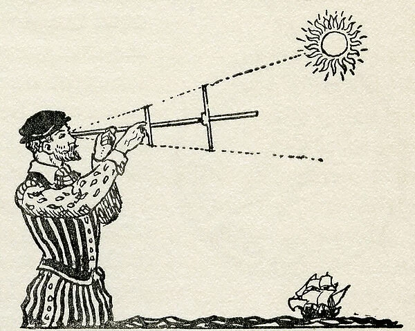 A fifteenth century navigator using a cross-staff. An instrument used to determine angles, for example the angle between the horizon and the sun to calculate a vessel's latitude. From The Romance of the Merchant Ship, published 1931