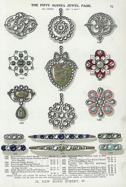 Fifty guinea jewels: brooch, pendant, ring and bracelet in diamond, pearl, opal, sapphire and emerald. Chromolithograph from Edwin Street's Gems Catalog, Bond Street, London, circa 1895