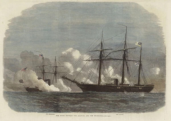 The fight between the Alabama and the Kearsarge (coloured engraving)