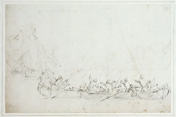 A fight in boats between Dutch or English and Barbary pirates, c.1675 (chalk)
