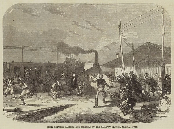Fight between Carlists and Liberals at the Railway Station, Murcia, Spain (engraving)