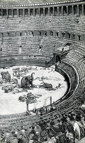 Fighting feroces in the arena in Rome, circus games: wild animals and African animals - Illustration by Minnard for 'Quo vadis' (a history of the time of Neron), historical novel by Polish writer Henryk Sienkiewicz, beginning 20th century