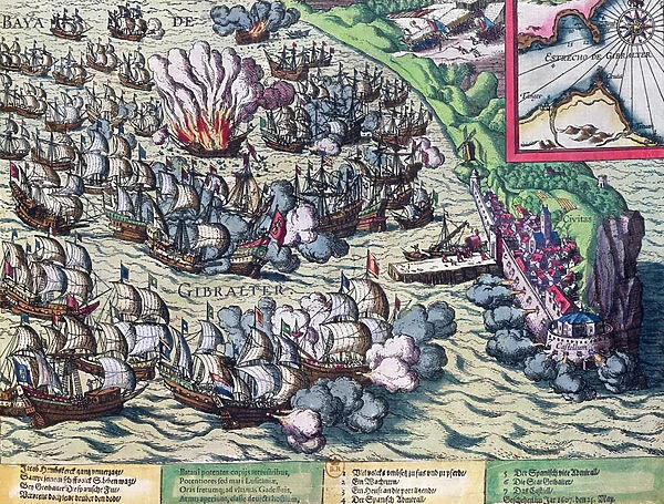 Fighting off the Coast of Gibraltar, printed on 25th May 1607 (coloured engraving)