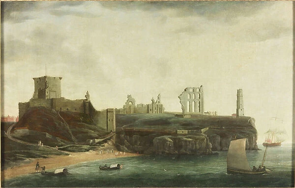 Figures and Bathing Machines in the Bay below Tynemouth Castle (oil on canvas)