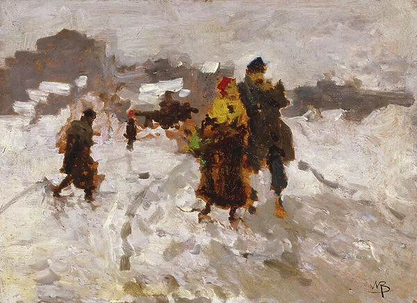 Figures in the Snow, (oil on panel)