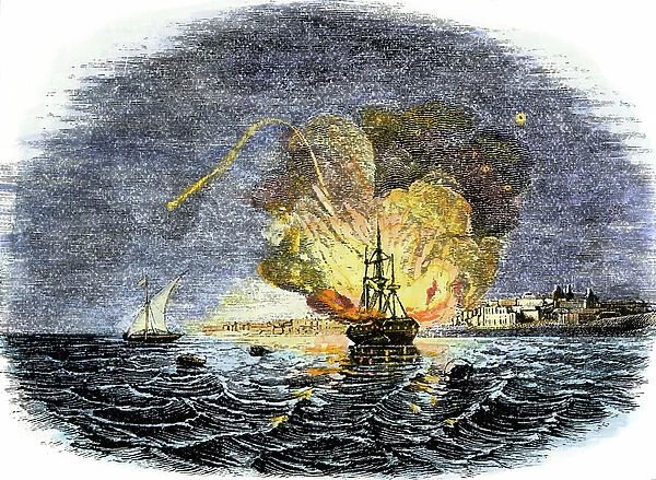 Fire of the American ship 'Philadelphia' caused by pirates in the port of Tripoli (North Africa), 1804. Colourful engraving of the 19th century