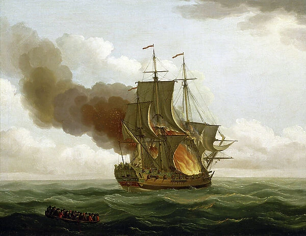 The fire on board the gallery Luxborough, June 25, 1727. Oil painting, circa 1727, by John Cleveley (1712-1777)