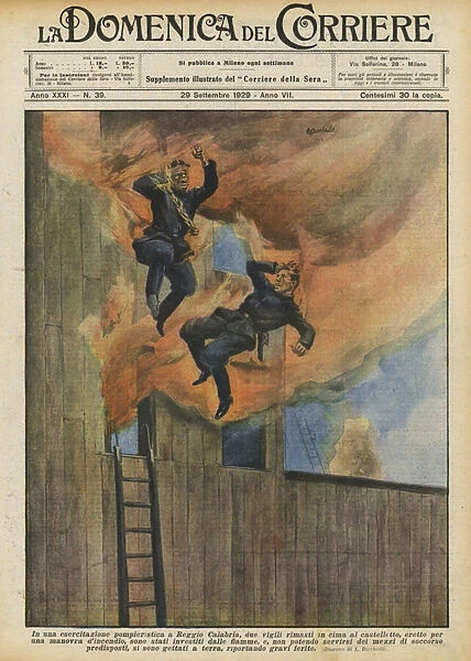 In a fire drill in Reggio Calabria, two firefighters remained at the top of the castle... (colour litho)