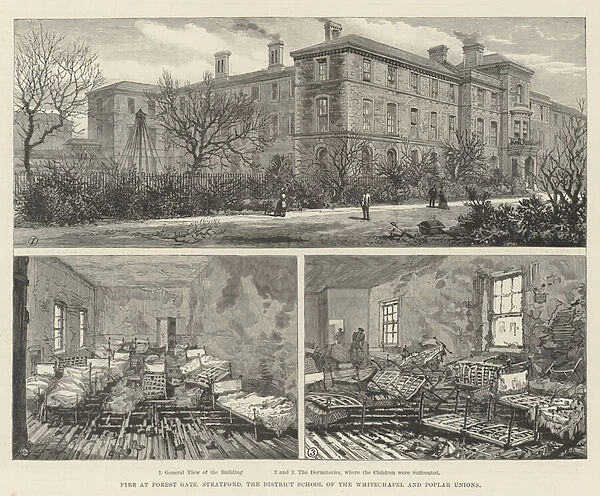 Fire at Forest Gate, Stratford, the District School of the Whitechapel and Poplar Unions (engraving)