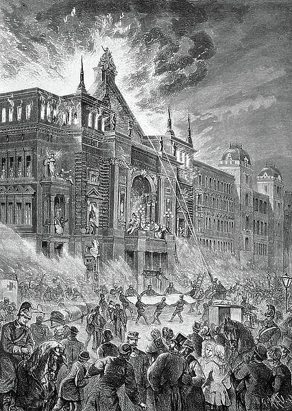The fire at the Ringtheater theatre in Vienna on 8 December 1881, one of the largest fires of the 19th century in Austro-Hungary, historical engraving of 1883