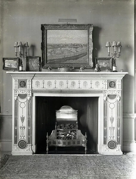 Fireplace in the Etruscan room at Home House, 20 Portman Square, from The Country Houses of Robert Adam, by Eileen Harris, published 2007 (b / w photo)