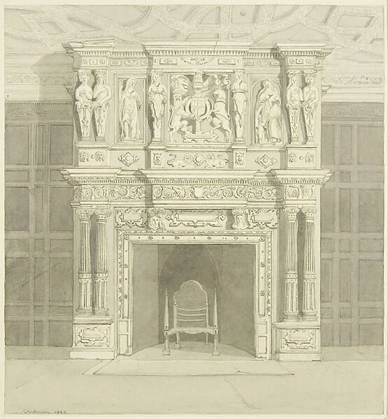 Fireplace in Langton Mansion, on the Back, 1823 (w  /  c wash over pencil on paper)