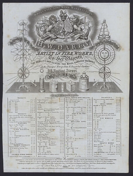 Fireworks manufacturers, H W Darby, advertisement (engraving)
