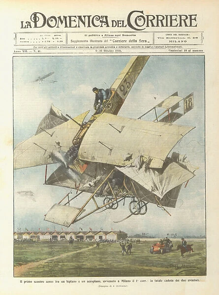The first air collision between a biplane and an airplane, occurred in Milan on the 1st Corr... (colour litho)