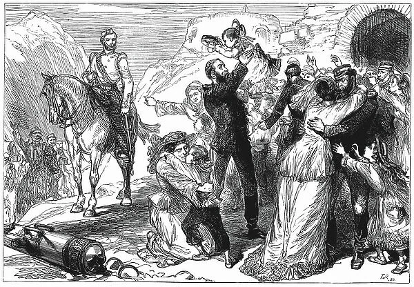 First Anglo-Afghan War 1838-1842: Rescue of British prisoners from the Afghans after the defeat of Akbar Khan, April 1842. Wood engraving c. 1880