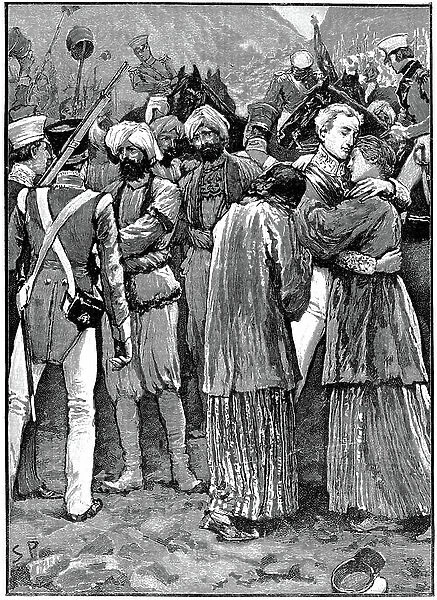 First Anglo-Afghan War 1838-1842: Rescue of British prisoners from the Afghans after the defeat of Akbar Khan, April 1842. General Robert Sale united with his wife and daughter. Wood engraving c. 1885