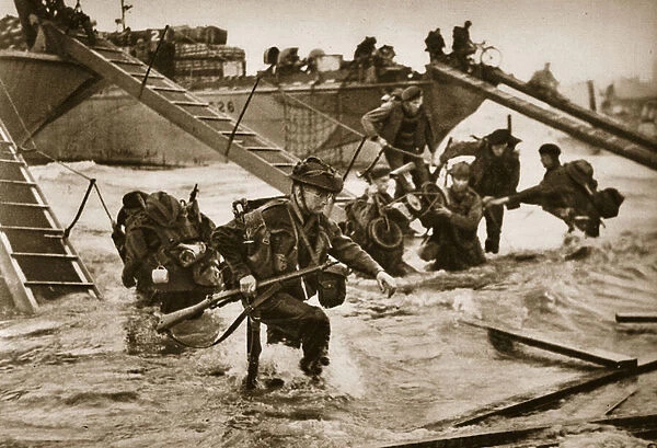 The first British troops disembark from the specially designed landing ladders