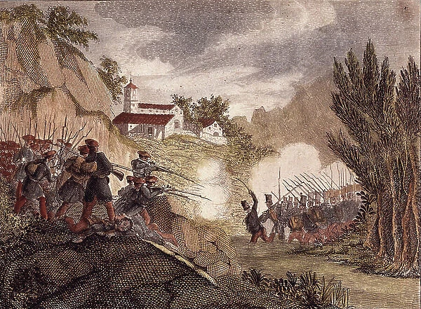 First Carlist War (1833-1840): battle near the town of Villaro, Spain, in 1834, 19th century (colour litho)